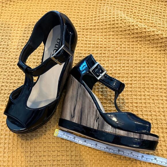 Black Patent Leather Faux Wood Grain Peep Toe SZ.8. High heel Wedge 5" Italian - Picture 4 of 14